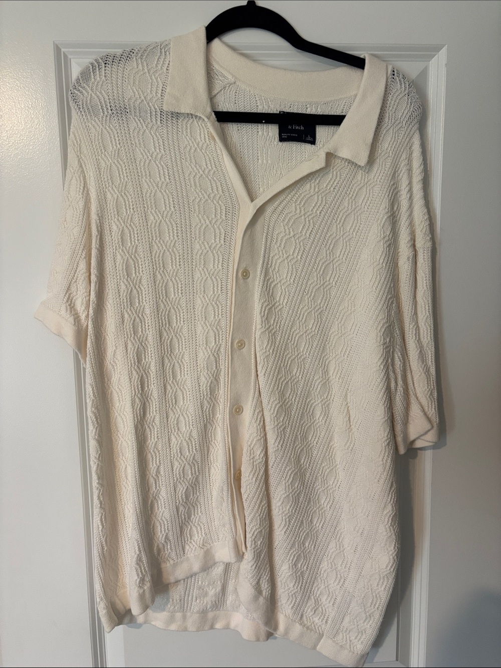 Abercrombie & Fitch Cream Knit Short-Sleeve Button-Up Shirt